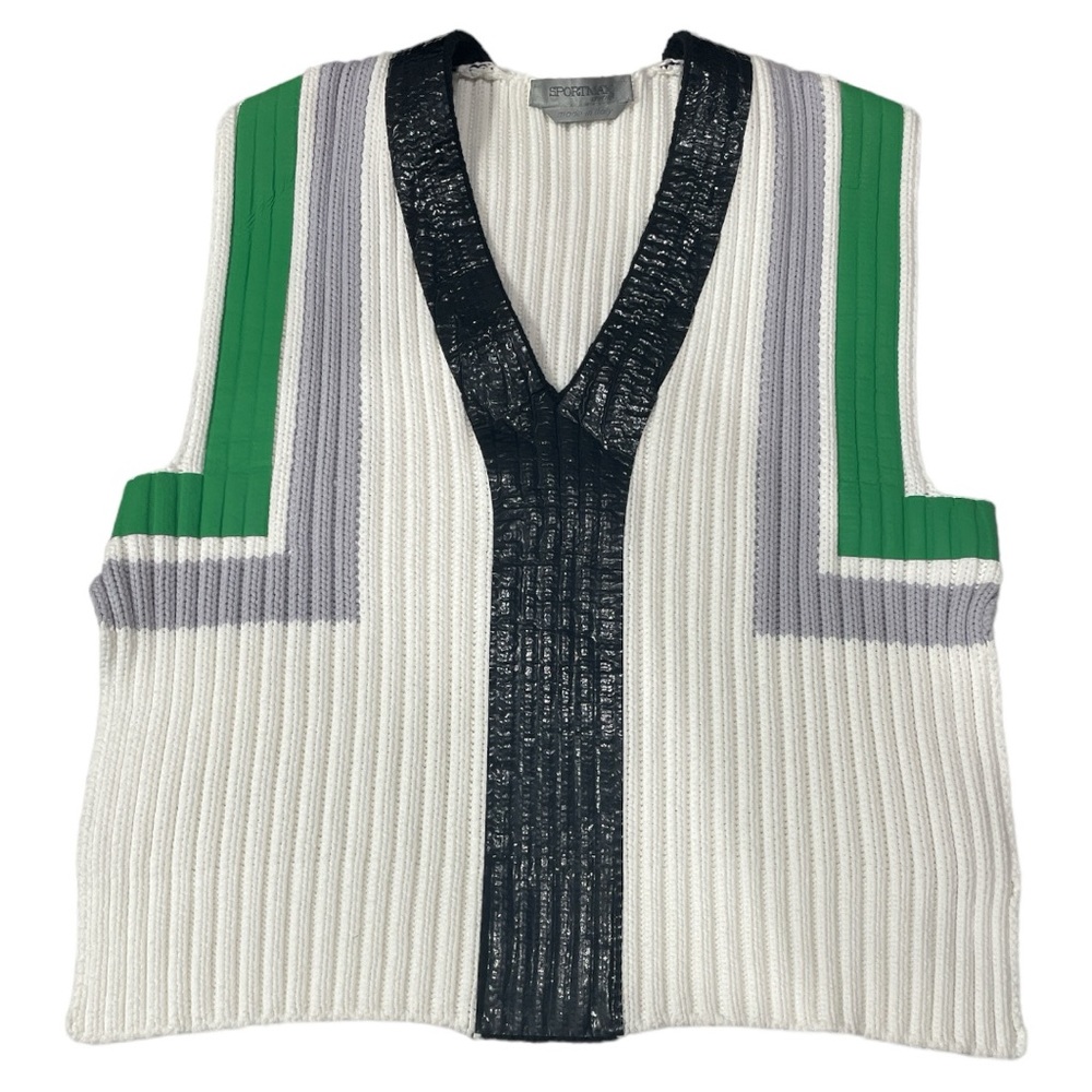 Sportmax White V-Neck Ribbed Sweater Vest with Green and Black Accents - Picture 8 of 9